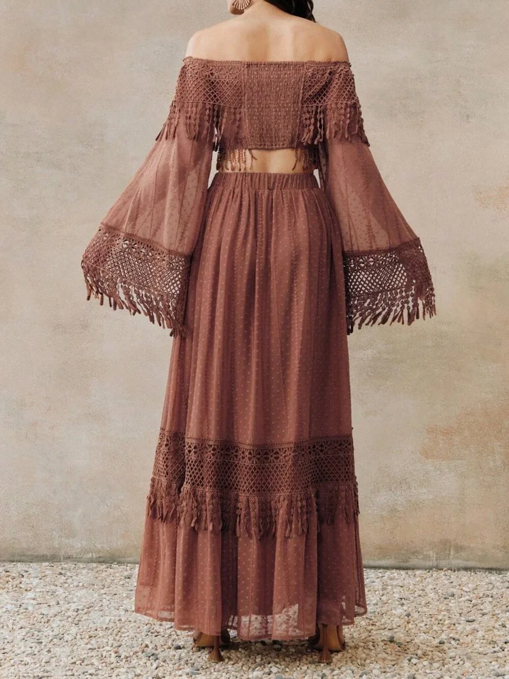 Boho brown Women's Off Shoulder fringe deailed top w/ skirt 2-Piece Set - Picture 7 of 7